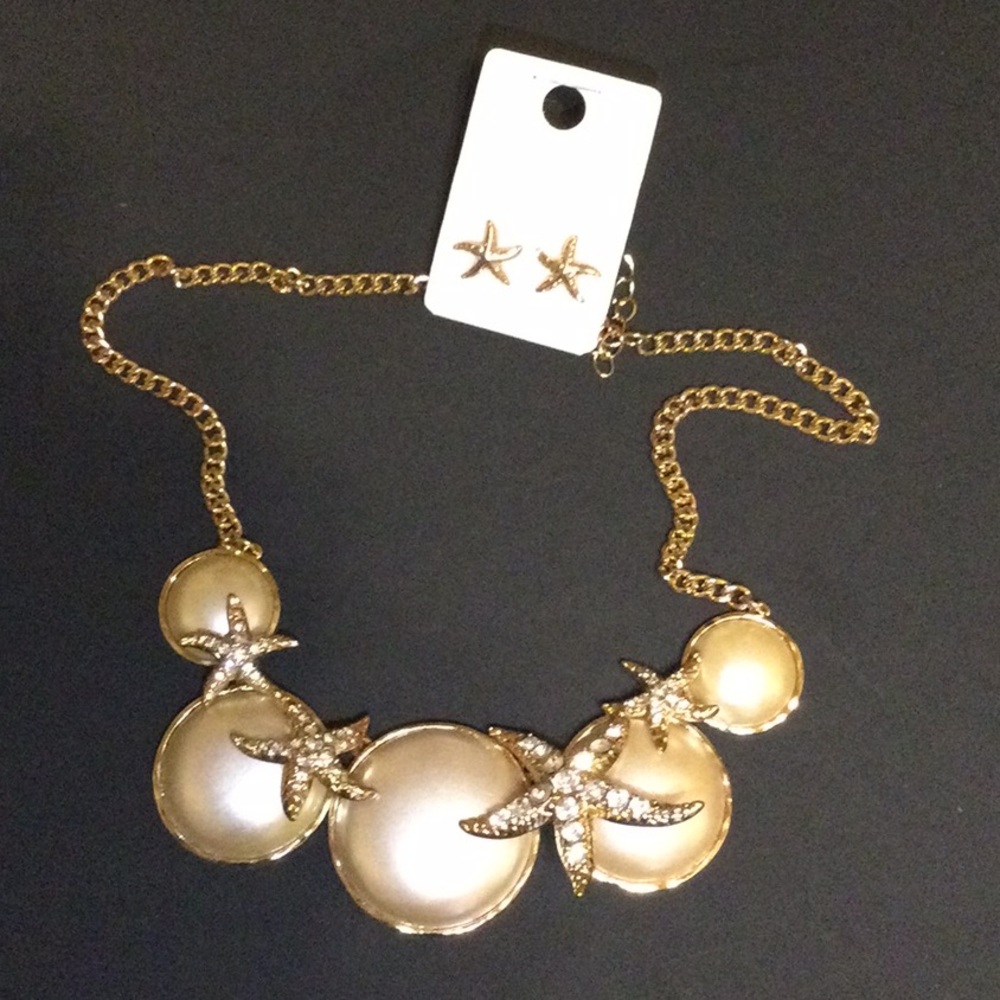 Gold Pearl Starfish Statement Necklace and Earring Set